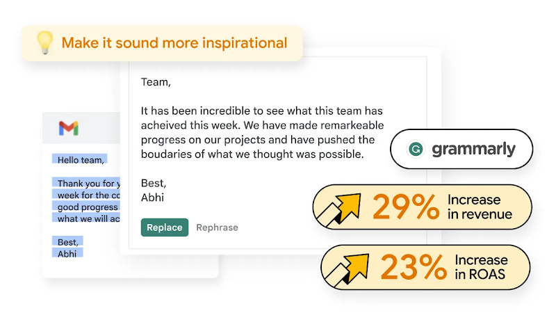 Cuadro de texto de sugerencia de Grammarly para que los correos suenen más inspiradores.