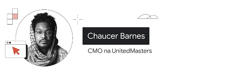 É mostrada a foto em preto e branco de Chaucer Barnes, CMO da UnitedMasters. Ele é negro, usa barba, óculos e tem cabelo crespo e alto. Um lenço estampado cobre parcialmente sua cabeça e seu pescoço.