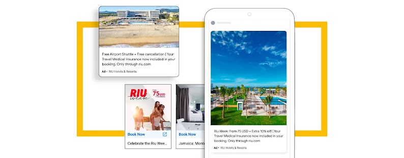 Imágenes de ejemplo de los anuncios de Riu para sus campañas de Discovery con fotos de sus hoteles junto a la playa y textos publicitarios