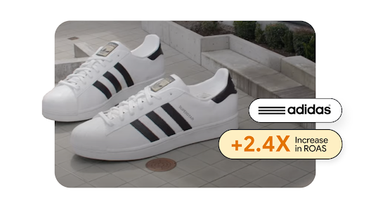 A pair of adidas sneakers accompanied by a statistic showing an increase in ROAS.