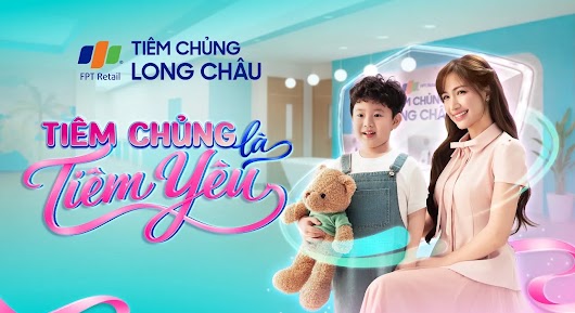 A Long Chau Vaccination promotional graphic showing a smiling mother and her young son holding a teddy bear, alongside large pink text that reads "Tiêm Chủng là Tiêm Yêu