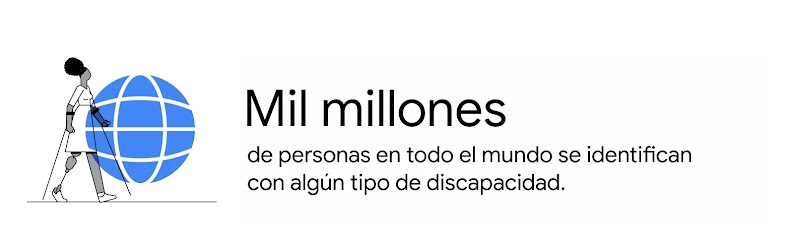 Una mujer negra, con un vestido blanco y una prótesis por encima de la rodilla, camina con muletas frente a un globo azul. Junto al dato: Mil millones de personas en todo el mundo se identifican con algún tipo de discapacidad.