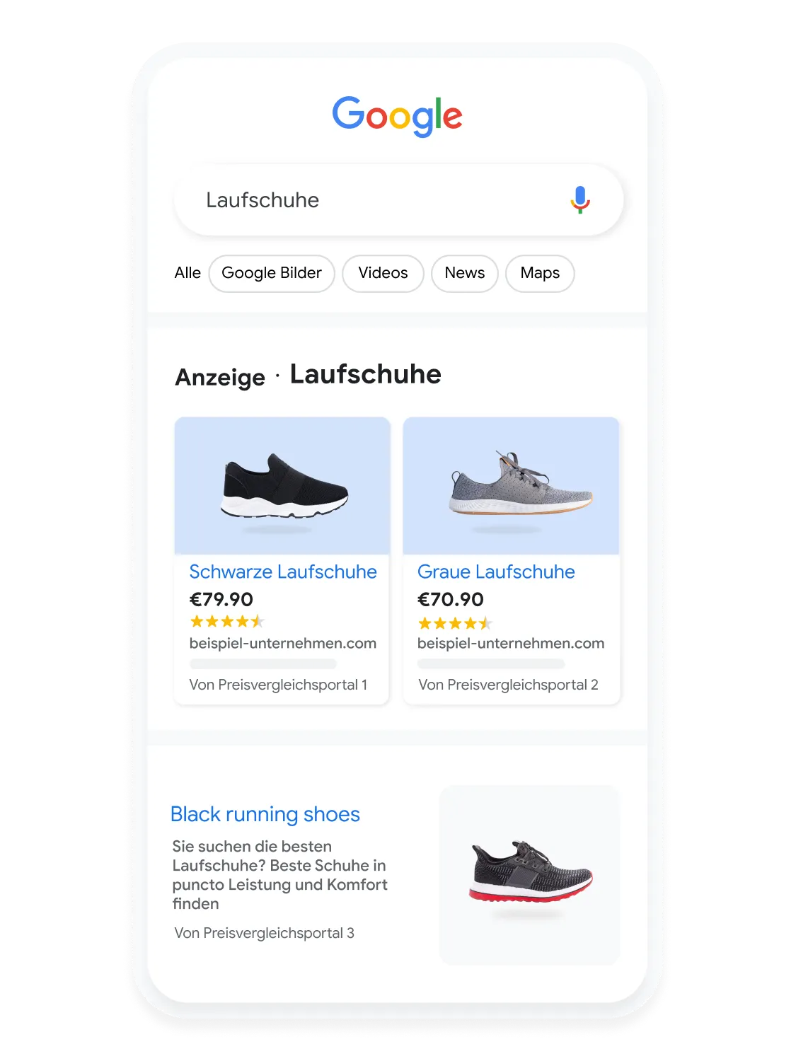 Eine animierte Mobilgeräte-Benutzeroberfläche zeigt, wie ein Nutzer in der Google Suche nach Laufschuhen sucht.