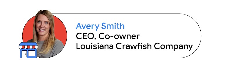Avery Smith, CEO und Miteigentümerin der Louisiana Crawfish Company, ist in einem roten Kreis von den Schultern aufwärts zu sehen. Sie trägt ein graues Oberteil und hat langes blondes Haar. Unten links steht ein blaues Laden-Icon