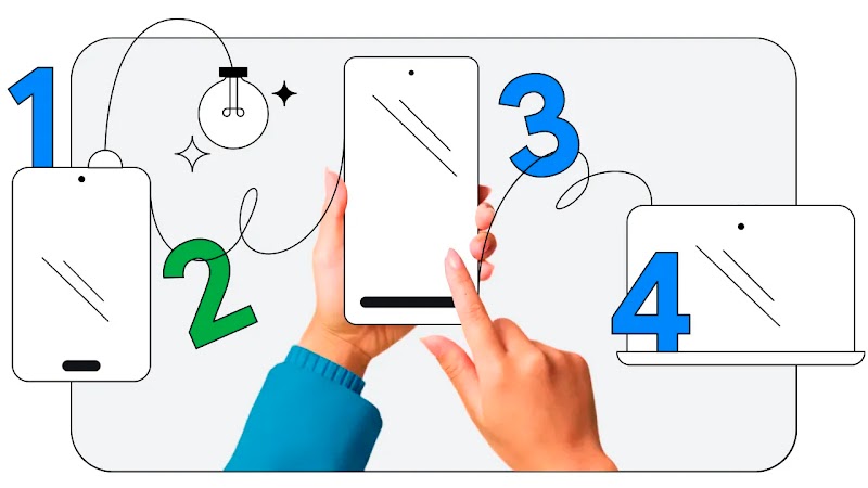 Deux mains tiennent un téléphone illustré, avec une tablette et un ordinateur portable dessinés de chaque côté. Des chiffres verts et bleus sont dispersés sur toute l'image, avec une ampoule et l'icône du diamant Gemini dans le coin supérieur gauche.