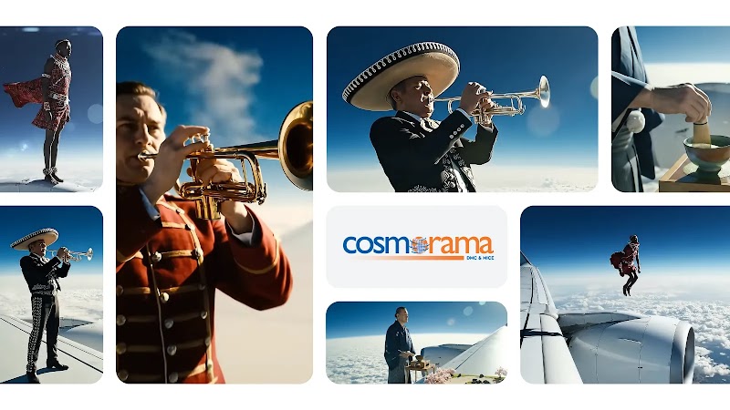 Collage featuring global cultural figures—including a Maasai warrior, a Mariachi musician, and a Japanese tea master—performing traditional rituals while standing atop airplane wings mid-flight.