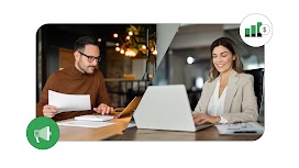 Vediamo due professionisti: un uomo con occhiali esamina documenti e una donna sorridente usa un laptop. Elementi grafici includono un megafono verde in basso a sinistra e un grafico a barre crescente con un simbolo del dollaro in alto a destra.