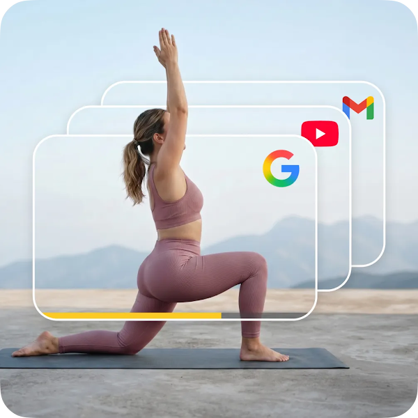 A woman in a yoga pose outdoors, overlaid with Google, YouTube, and Gmail icons representing multi-platform digital reach.