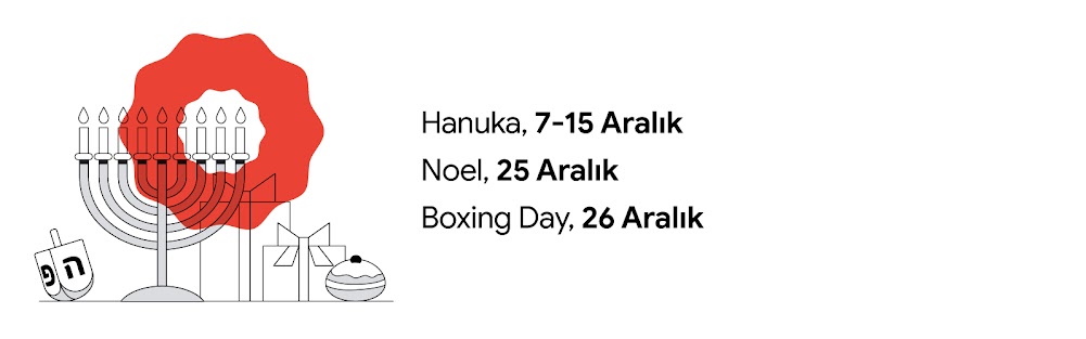 Her birinde mum yanan dokuz kollu şamdanın bir yanında dönen bir topaç, diğer yanında da iki hediye paketi ve üzeri süslenmiş bir çörek. Üzerlerinde kırmızı bir çelenk var. Hanuka, 7-15 Aralık; Noel, 25 Aralık; Boxing Day, 26 Aralık