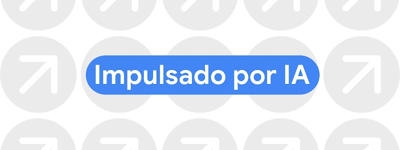 La frase «Impulsado por IA» aparece en una barra de búsqueda de Google sobre un fondo de flechas que apuntan hacia el noreste