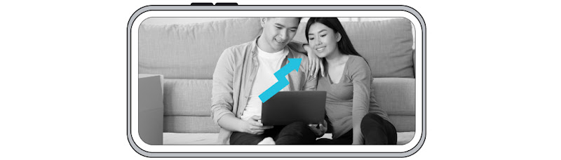 A mobile phone displaying a couple looking at a laptop and analyzing search trends and data