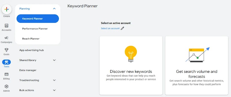Google Keyword Planner dashboard showing location in navigation