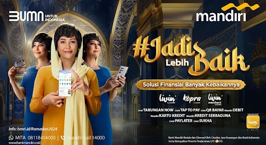 The video thumbnail shows a humorous or awkward social situation involving financial transactions, featuring Indonesian actress Meriam Bellina, promoting the digital banking solutions of Bank Mandiri.