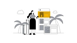 Una mujer de pelo largo y negro con una maleta y un teléfono móvil mira anuncios de reserva de hoteles en un paisaje paradisíaco con palmeras.