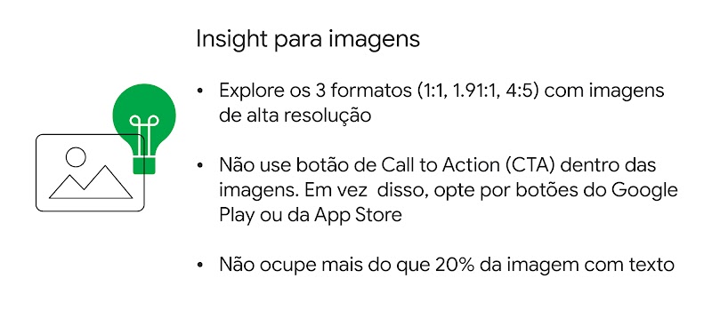 O destaque mostra dicas para potencializar seus resultados: explore 3 formatos (1:1, 1.91:1 e 4:5) com imagens em alta resolução, não use botão Call To Action (prefira os do Google Play ou App Store) e não ocupe mais que 20% da imagem com texto.