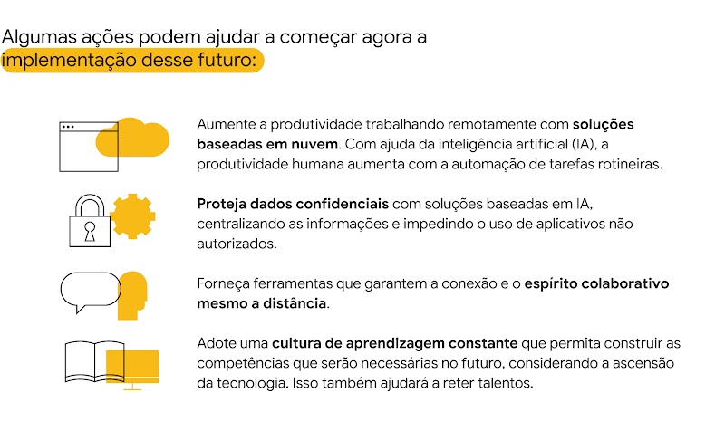 Algumas ações podem ajudar a começar agora a implementação desse futuro. Soluções baseadas em nuvens, proteger dados confidenciais, promover espírito colaborativo a distância e cultura de aprendizagem constante.