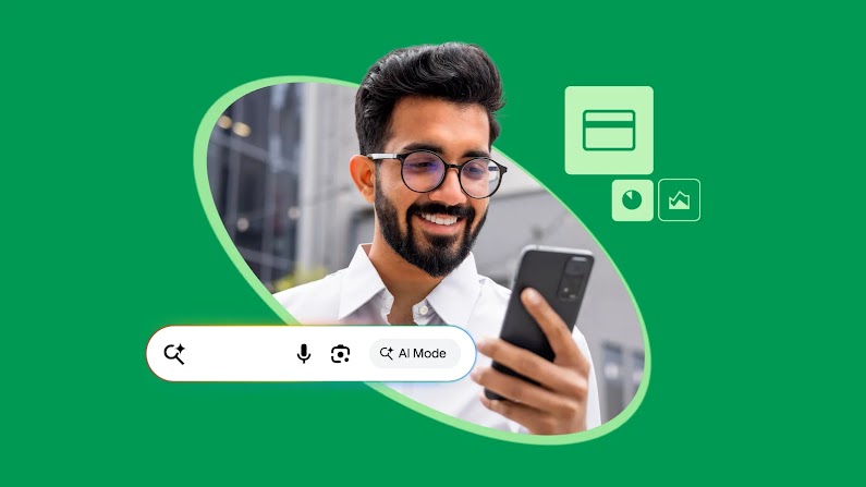 A man uses Google AI Mode on his smartphone to ask conversational finance queries, demonstrating how AI-powered Search bridges the gap between curiosity and confident decisions in the finance customer journey.