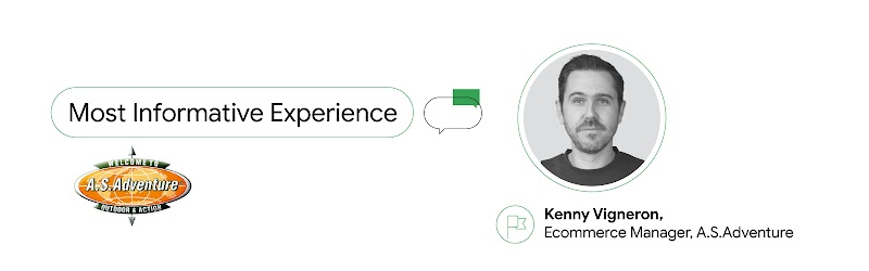 On the left, a text box reads: “Most Informative Experience”. Below it, the A.S.Adventure logo. On the right, a black and white headshot of Kenny Vigneron, ecommerce manager at A.S.Adventure.