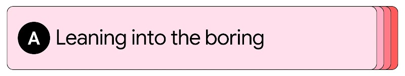Stacked pink cards displaying a black circle with letter A alongside text reading "Leaning into the boring". 
