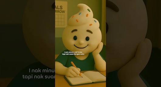 A vertical video screenshot of a 3D animated character with a soft-serve ice cream head sitting at a desk with a notebook, with Malay text about a coffee order.