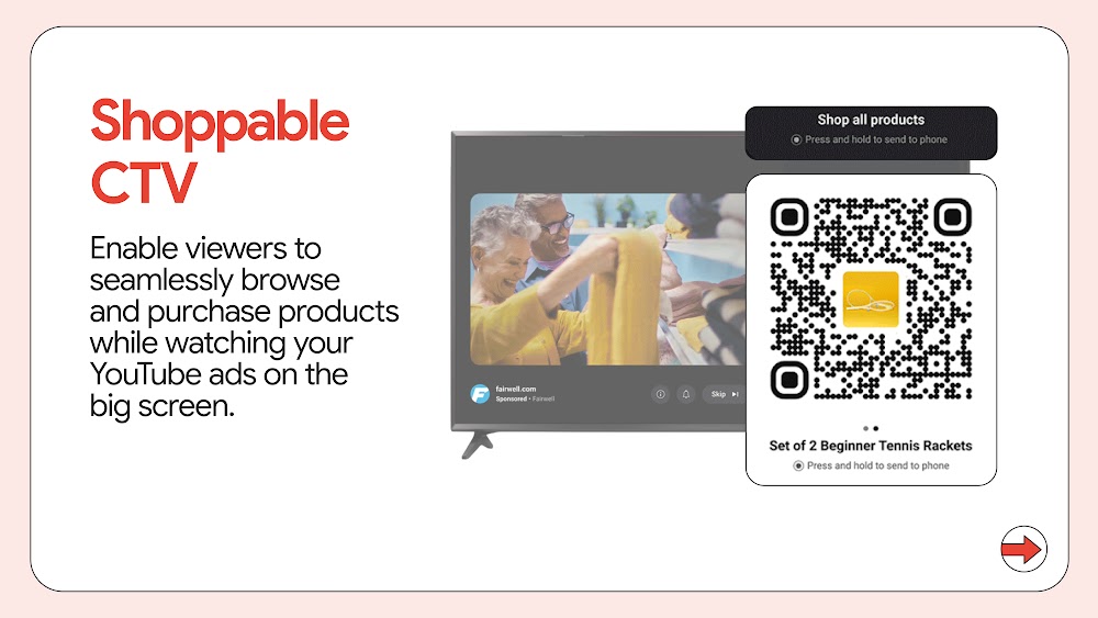 TV screen interface showing QR code for Shoppable CTV feature.