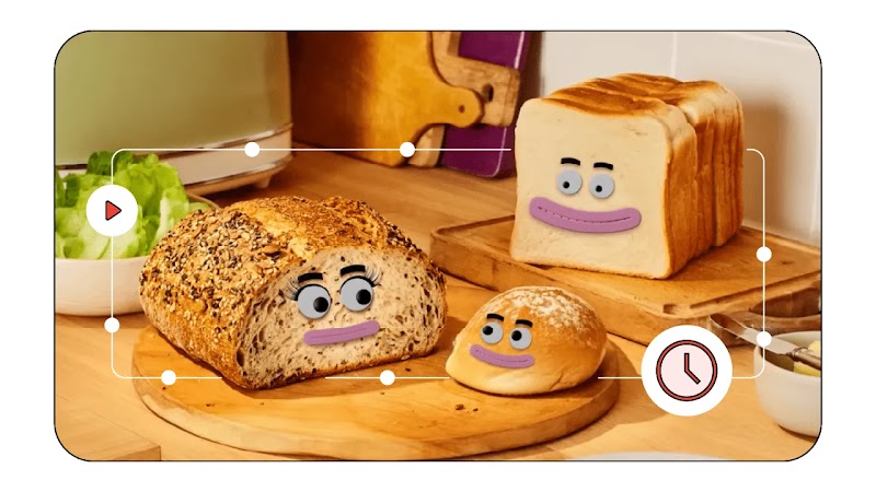 On wooden boards, 3 types of bread: a sliced loaf, a roll, and a granary loaf. They have stick-on eyes and mouths and are “looking” at each other. They are inside a frame, as if on a screen. Along the frame’s border, a YouTube icon and a clock icon.