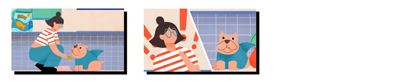 Na esquerda, uma mulher abaixada oferece um biscoito para um cachorro vestido de tubarão. Na direita, uma mulher toma um susto como se lembrasse que esqueceu de algo enquanto um cachorro olha para a frente.