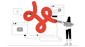 A woman with a life-sized pencil doodles a red overlay on a life-sized internet browser. Around it, a search bar, a dialogue bubble icon and two smaller internet browsers with a Youtube icon and gear icons, respectively.