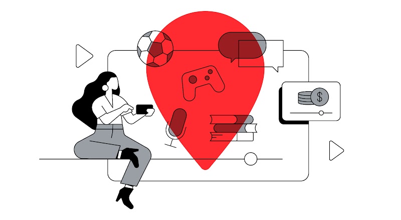 Uma mulher está sentada assistindo ao celular à esquerda. No centro e à direita, há ícones espalhados: bola de futebol, microfone, livros empilhados, controle de videogame, caixas de diálogo e moedas.