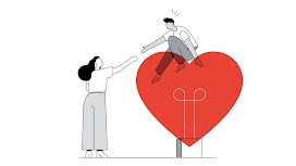 Una donna con i capelli scuri si trova sulla sinistra dell’illustrazione. Tende la mano a un uomo più in alto di lei, seduto su un grande cuore rosso.