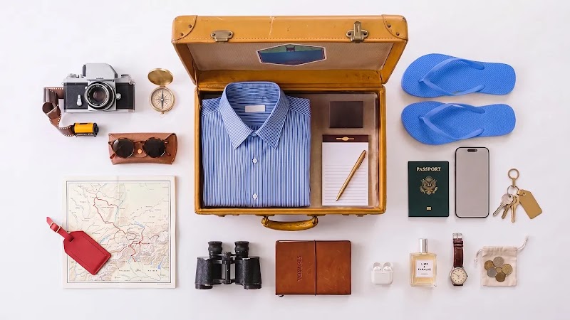 Foto de una maleta abierta con una camisa, un cuaderno y un bolígrafo. Alrededor de la maleta hay varios artículos de viaje, como un pasaporte, una etiqueta de equipaje, una cámara y unas gafas de sol. 