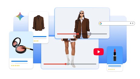 Collage su sfondo blu con schede di fard, blazer e rossetto con recensioni a stelle. Al centro, player video con una modella che indossa il blazer, affiancati dall'icona di YouTube e dalla barra di ricerca Google.