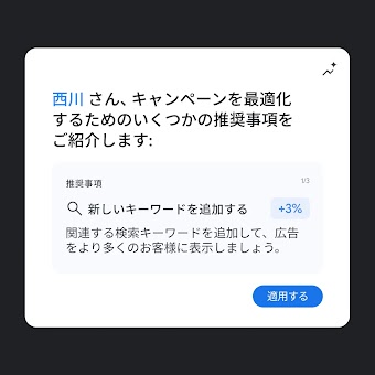 「西川 さん、キャンペーンを最適化するためのいくつかの推奨事項をご紹介します:」という見出しと、「新しいキーワードを追加する (+3%)」の提案が表示されたGoogle広告のダッシュボード通知。