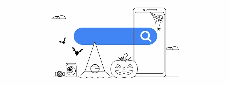 Un dispositivo móvil detrás de una barra de Búsqueda azul con una lupa. A la izquierda, un sombrero de bruja, una calabaza, dos murciélagos y unos dulces.