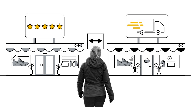 Una donna che indossa cappotto e guanti si trova di fronte a due vetrine che hanno la forma di un browser web e in cui si vedono delle scarpe da corsa. Un negozio ha un'insegna con una valutazione di 5 stelle, mentre l'altro ha un'insegna con un camion pe