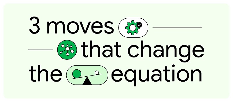 The title, 3 moves that change the equation, appears on a pale green background with bright green icons interspersed: a settings gear, scatterplot dots and lines, and two balls balancing on a line over a fulcrum.