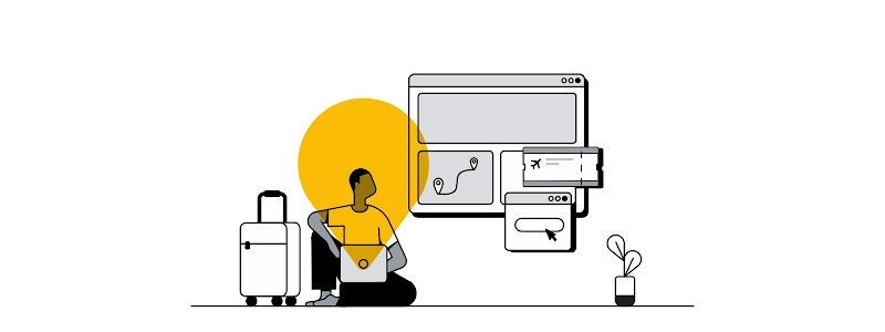 Un hombre está sentado frente a una computadora. Sobre él, sale un pin de ubicación amarillo. A su lado, una maleta y, al otro, varias pantallas con íconos de viajes: un avión, un buscador, un geolocalizador.