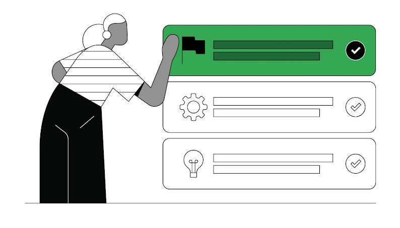 Auf dieser animierten Grafik sieht man eine Frau, die der Reihe nach die einzelnen Punkte der KI-Grundlagen-Liste abhakt. Dabei verfärbt sich das entsprechende Kästchen grün.