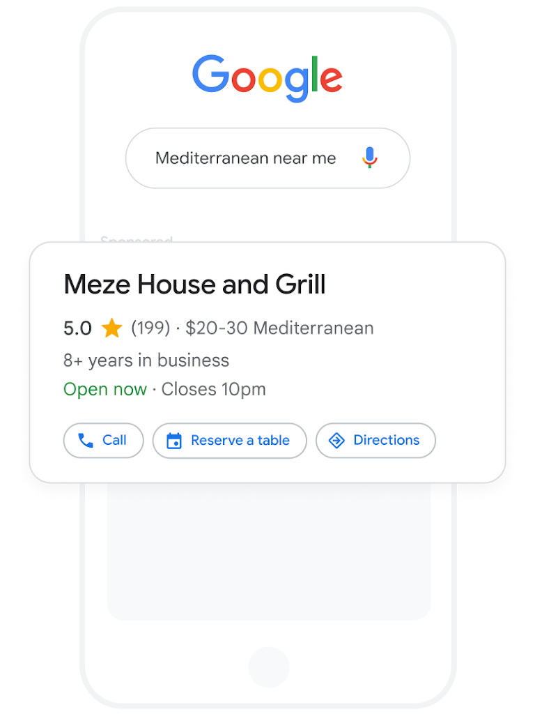 A mobile phone showing a search query for Mediterranean food and a relevant Greek restaurant ad in results. 