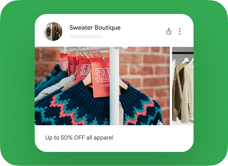 A sweater store has an update showing a sale.