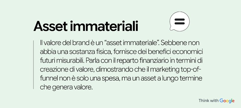 Il patrimonio di marca è un "asset immateriale". Sebbene non abbia una sostanza fisica, fornisce benefici economici futuri misurabili. Parla con il reparto finanziario della creazione di valore, dimostrando che il marketing top-of-funnel non è solo una spesa, ma un asset che genera valore.