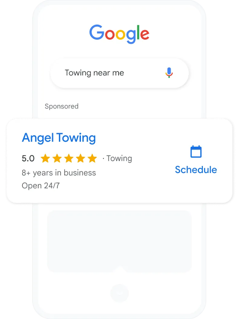 A search query and local services ad for towing services nearby.