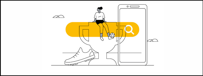 Una pantalla de teléfono móvil a la derecha, detrás de una gran barra de Buscador en amarillo. A la izquierda, una zapatilla de fútbol y una copa. Sobre esta, una mujer sentada, con equipo deportivo y una pelota de fútbol en el pie.