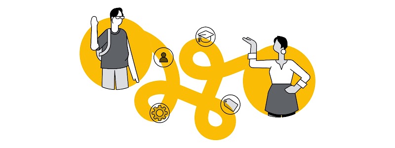 Un hombre con mochila y anteojos saluda a una mujer de pelo corto. Entre ellos, un camino amarillo serpenteante. Sobre él, unos íconos que remiten a educación universitaria.