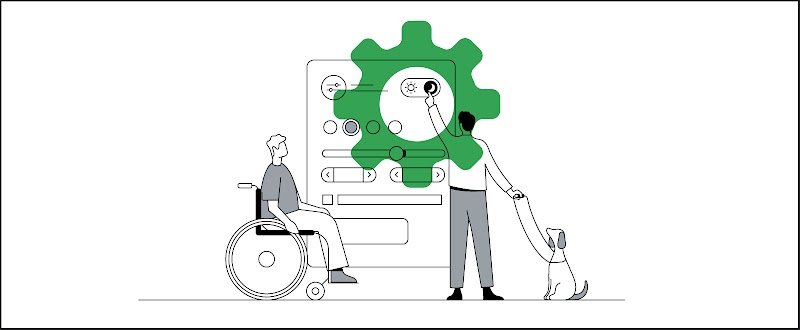 A wheelchair user looks on as a blind person with a guide dog interacts with a life-size mobile phone by adjusting accessibility settings to accommodate their needs.