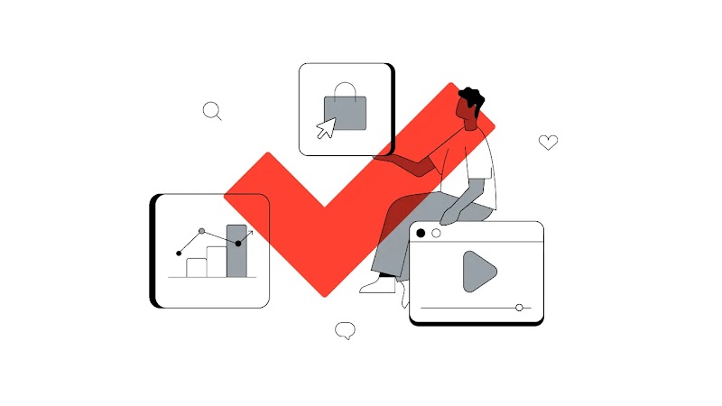 A man with his arm stretched out holding a white square with a shopping bag icon and cursor inside, sits on a life-size internet browser with a video playing full-screen. To the left, a square with an incremental bar graph. A red tick overlays the whole i