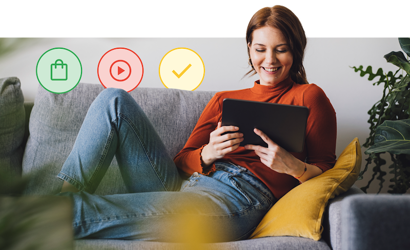 A woman looking at her laptop. Next to her are 3 icons: upward arrow, list, and checkmark.