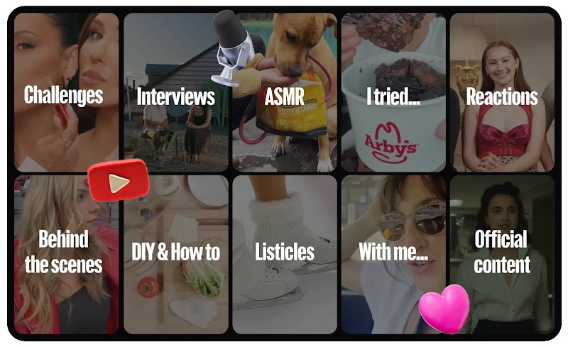 A gallery of YouTube video clips appear with a YouTube logo, microphone, heart, and labels in white text: Challenges, conversations, soundscapes, I tried …, reactions, behind the scenes, DIY & how-to, listicles, With me …, and official drops.