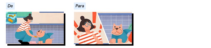 A cena de uma mulher abaixada oferecendo um biscoito para um cachorro vestido de tubarão deve ser substituída pela mulher tomando um susto como se lembrasse que esqueceu algo enquanto um cachorro olha para a frente.