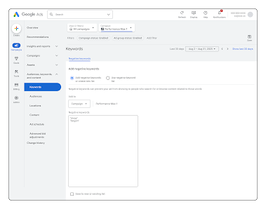 Image showing a user adding “cheap” and “bargain” to a negative keyword list